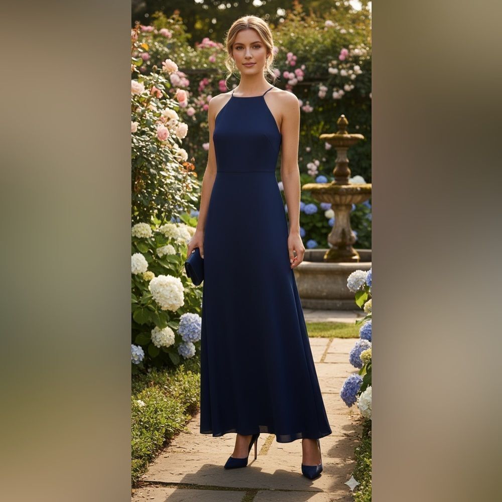 Calvin Klein Navy Blue Sleeveless High Neck Evening Gown Maxi Dress NWT sz 12